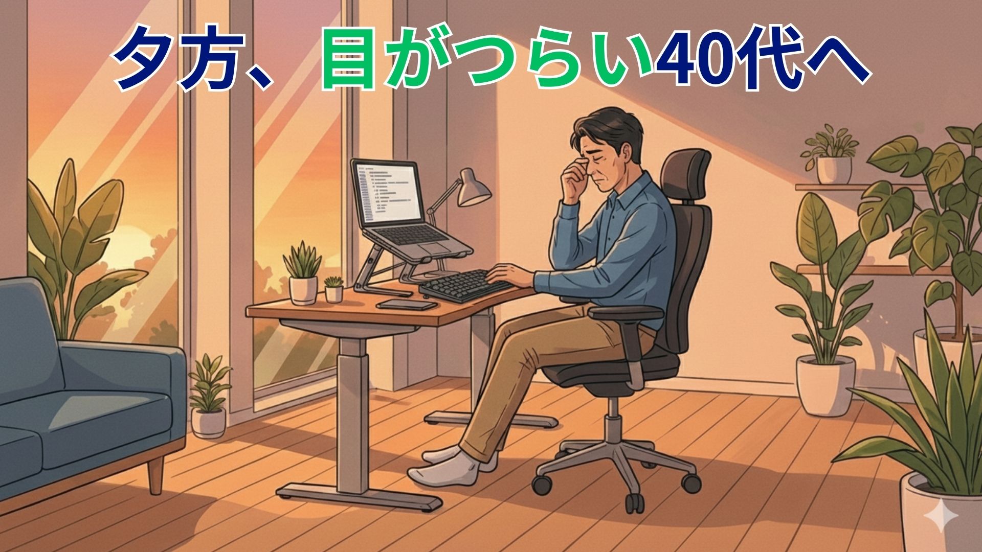 在宅ワークでPC作業をして目が疲れている40代男性のデスク環境