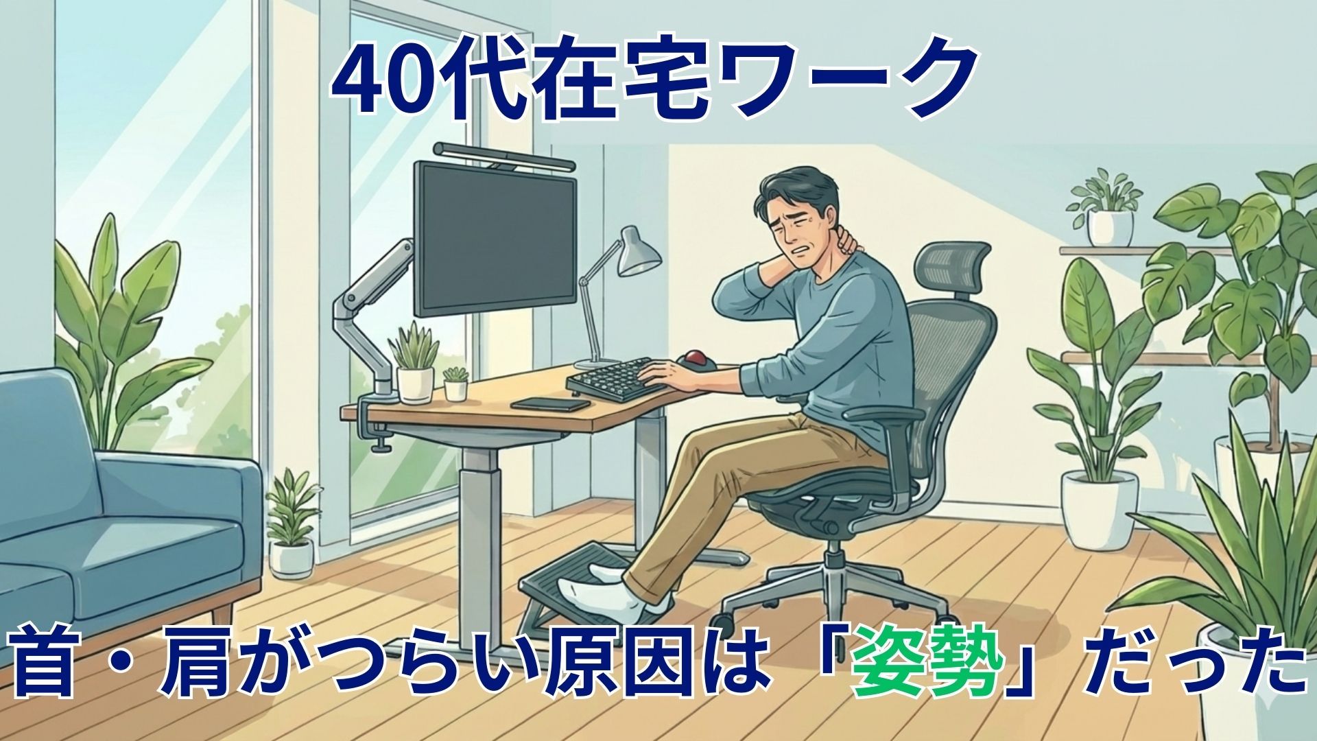 在宅ワークでPC作業をする40代男性が姿勢を意識し首や肩の負担を減らそうとしている様子