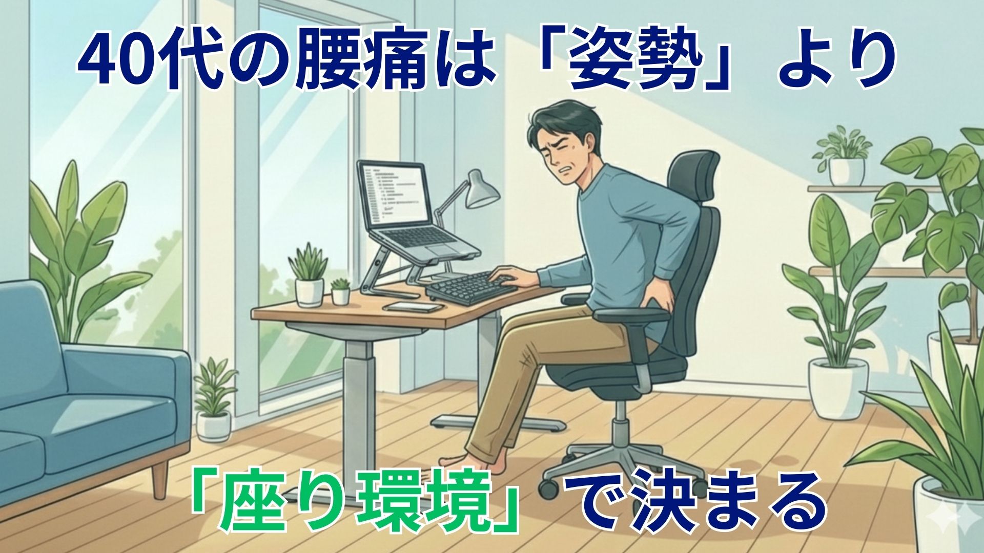 在宅ワークで腰痛に悩む40代男性のデスク環境の様子