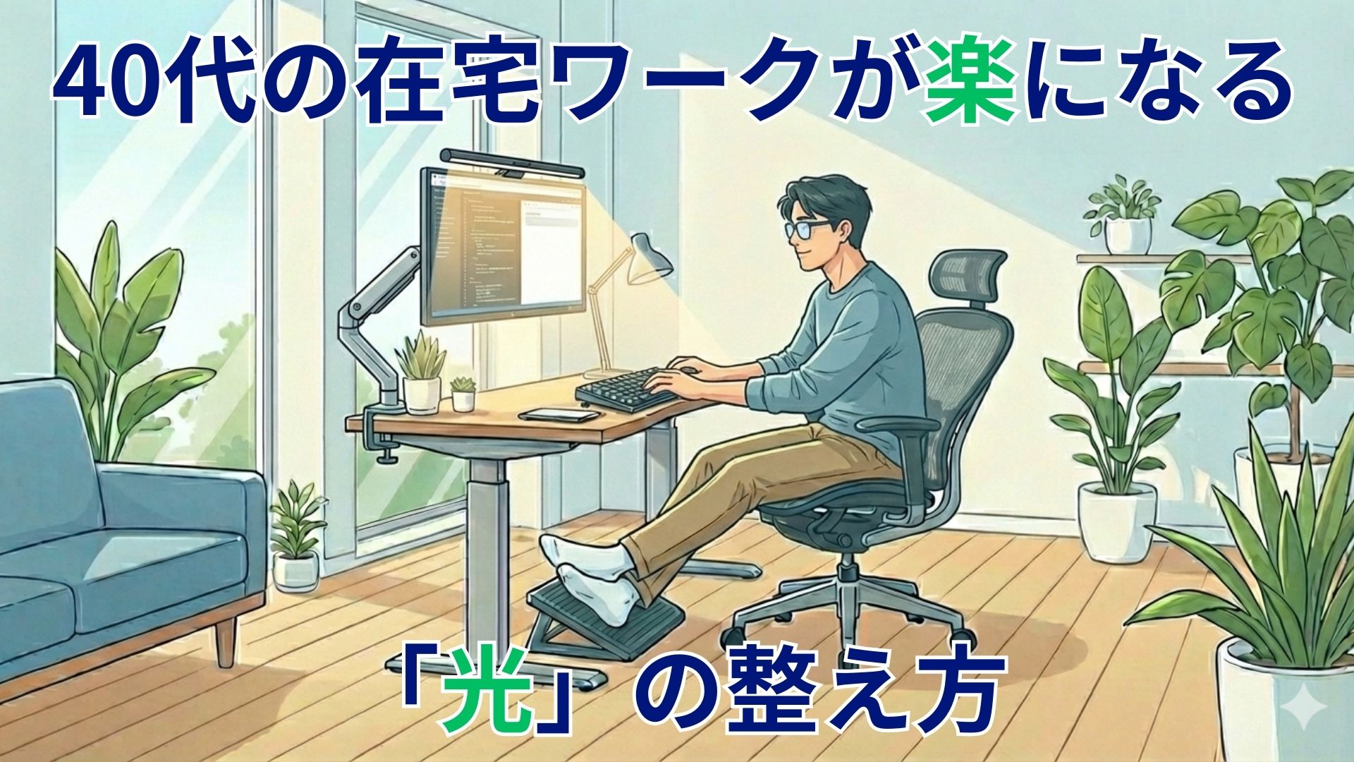 40代の在宅ワーク環境にデスクライトを設置したデスク