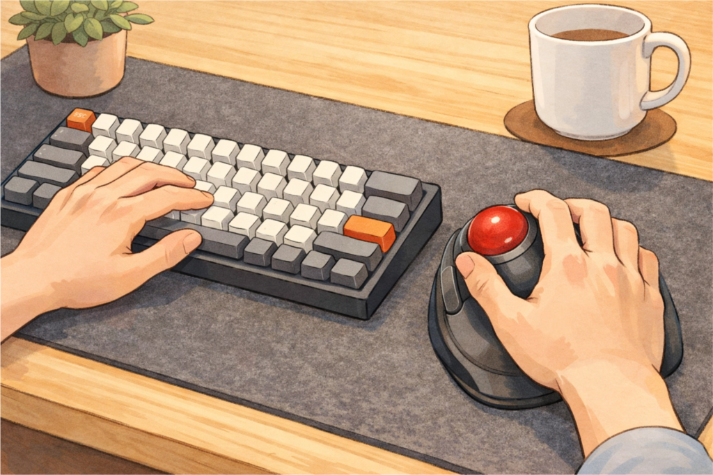 40代のPC作業で肩や手首の負担を減らすために、外付けキーボードとトラックボール、デスクマットを組み合わせた入力環境