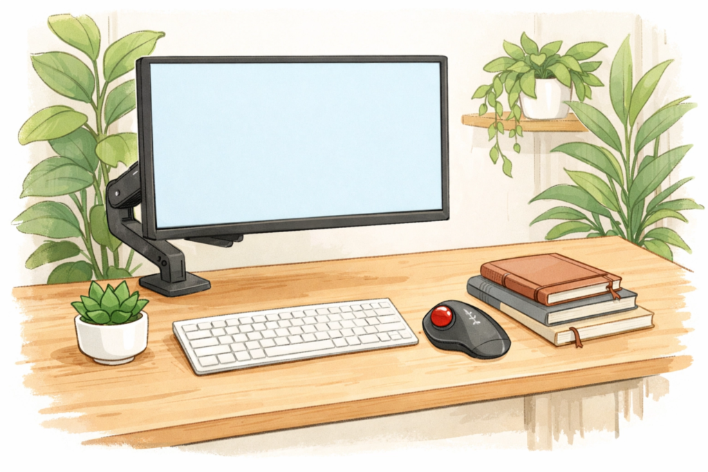 40代の在宅ワーク向けに、モニターの高さと位置を調整できるモニターアームを設置したデスク環境