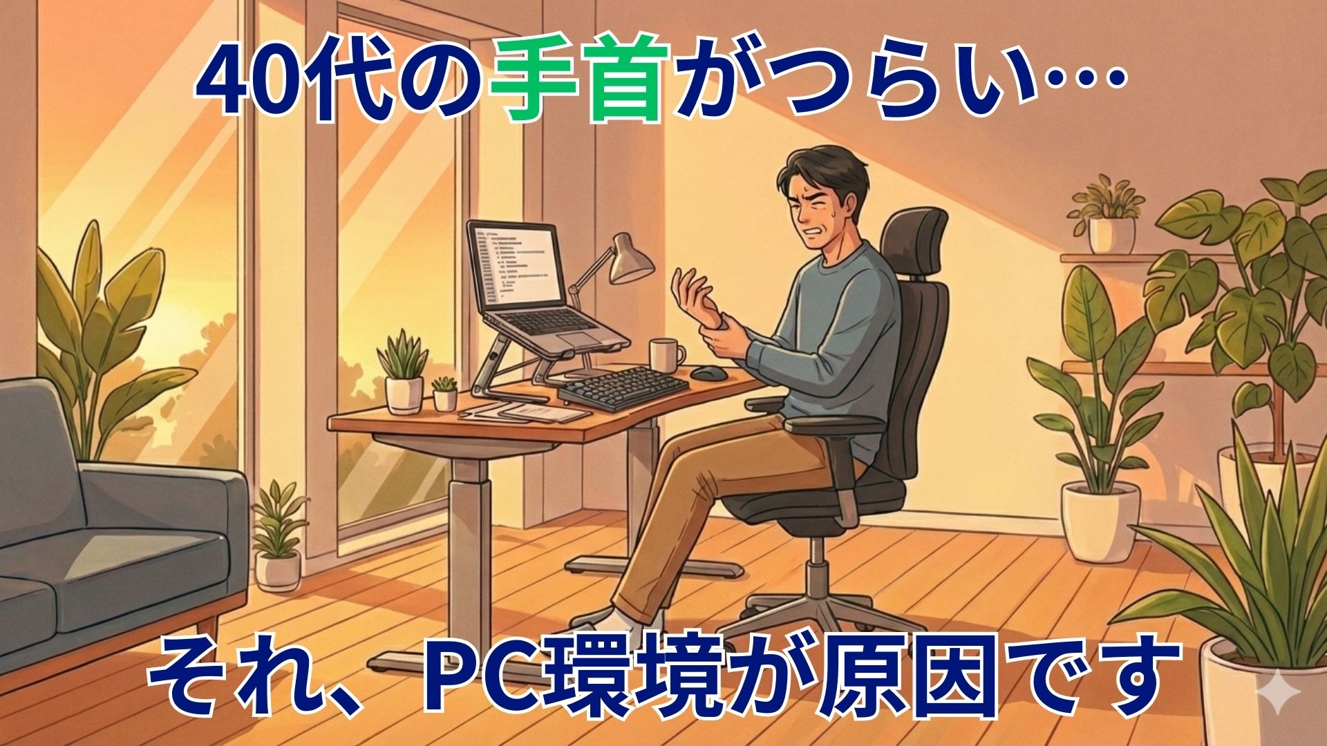 在宅ワークでPC作業中に手首の痛みを感じる40代男性のデスク環境