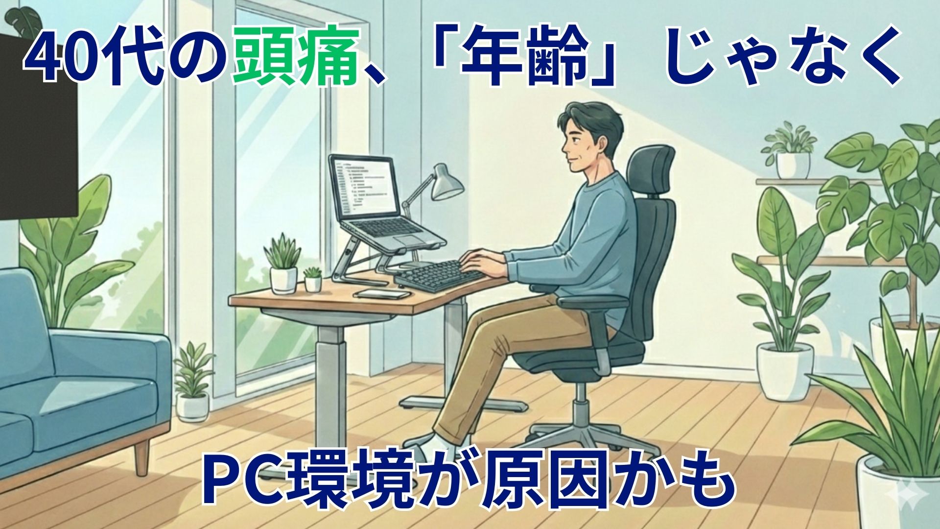 在宅ワーク中にPC作業で頭痛を感じる40代男性のデスク環境