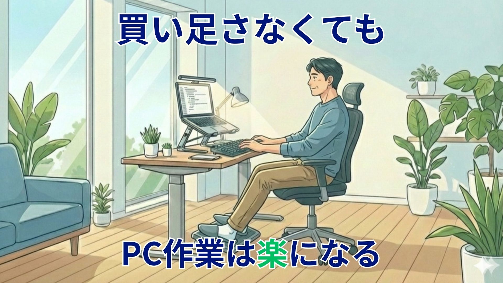 40代の在宅ワーカーがデスク環境を見直し、楽な姿勢でPC作業をしている様子
