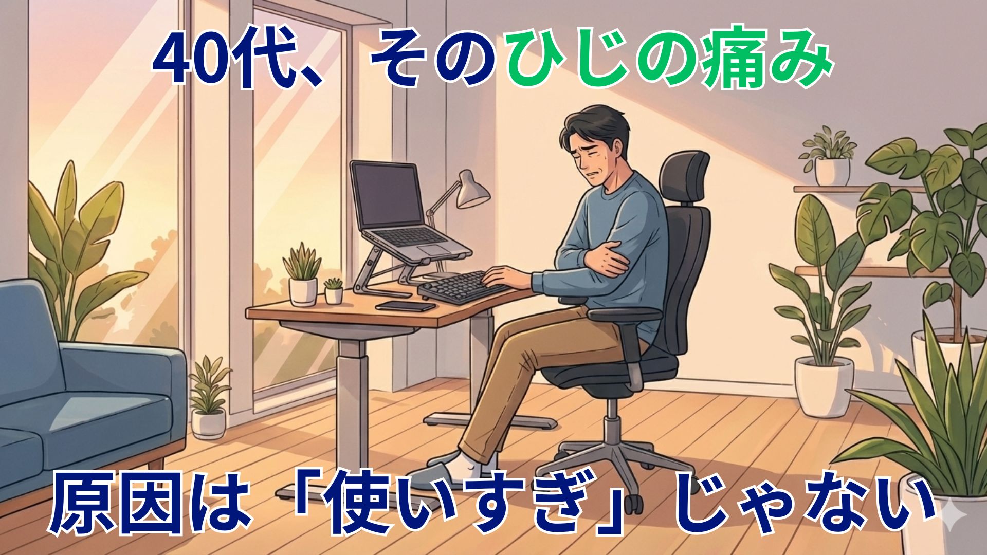 在宅ワーク中にひじから前腕の痛みを感じている40代男性のデスク作業風景