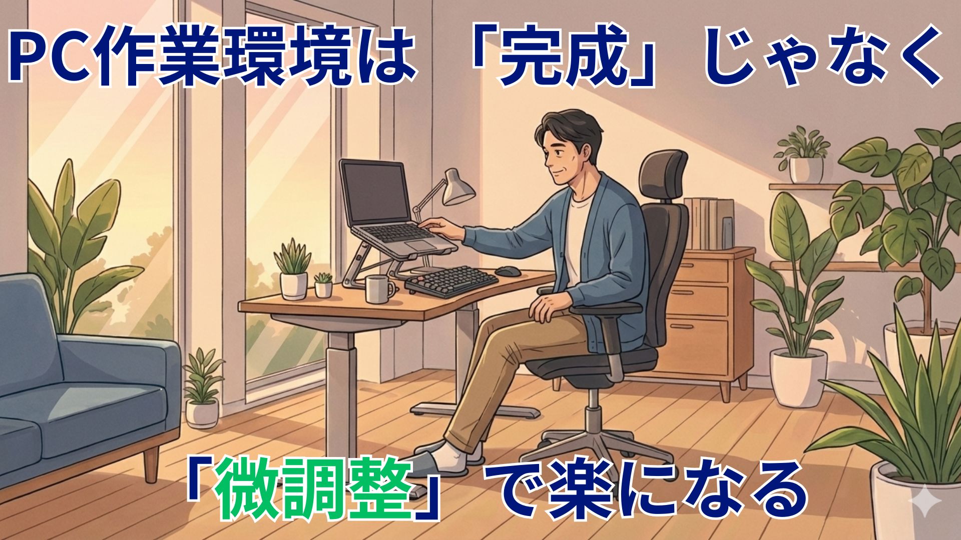 40代の在宅ワーカーがPC作業環境を微調整して楽に作業している様子