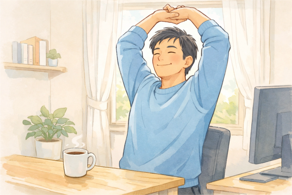 PC作業の合間に体を休めてリラックスしている40代の在宅ワーカーの様子